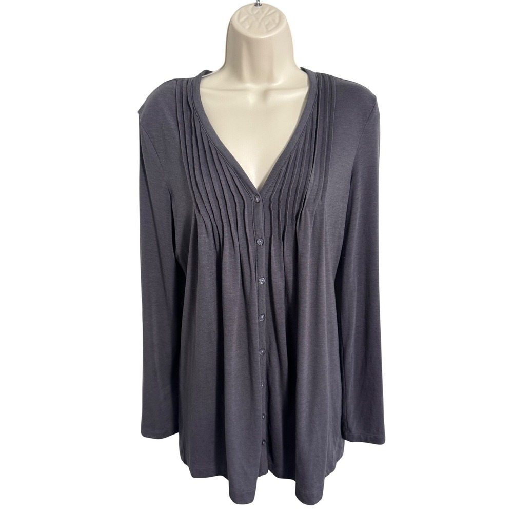 Banana Republic Pintuck Pleat Button Front Gray Tunic Top Sz M Roll Tab Blouse